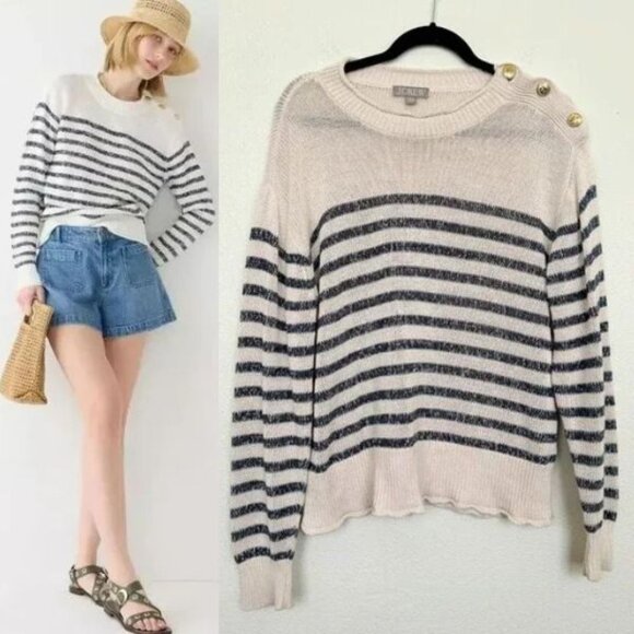 J.Crew Relaxed Linen Blend Striped Knit Sweater Nautical Fishermen Women's Large - Picture 1 of 8